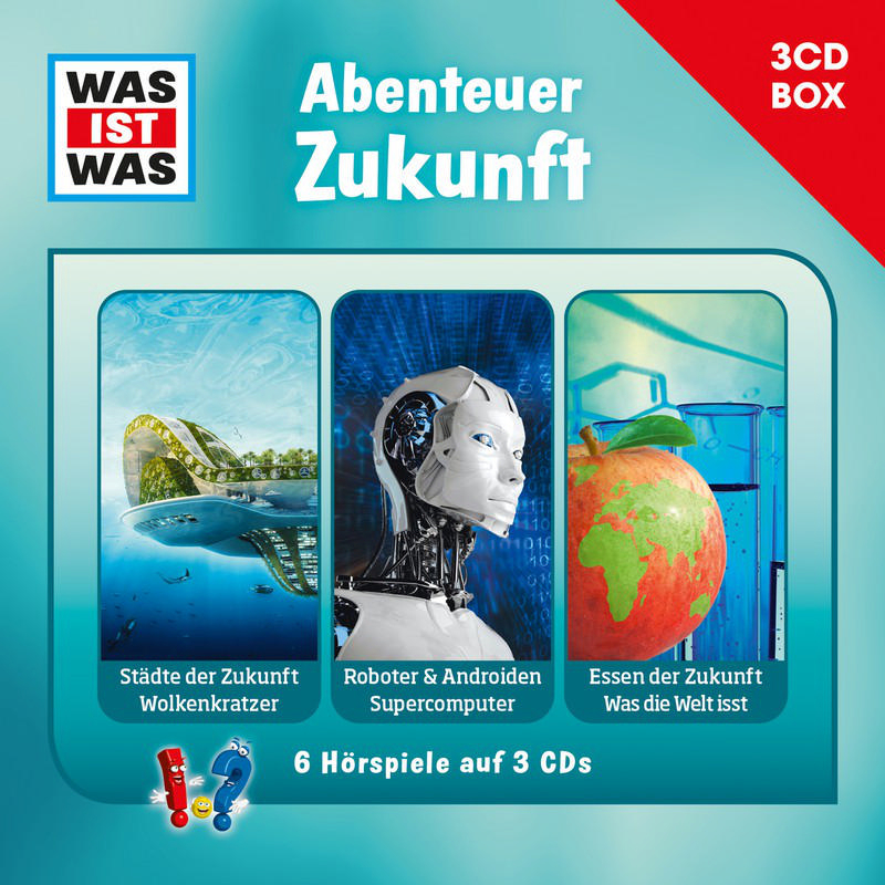 Buchcover mit drei Panels: eine Stadt, ein Roboter und ein Apfel mit Text. Rote und blaue Farben.