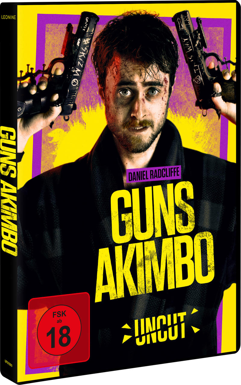 Filmcover für 'Guns Akimbo' mit Daniel Radcliffe, der Waffen hält.