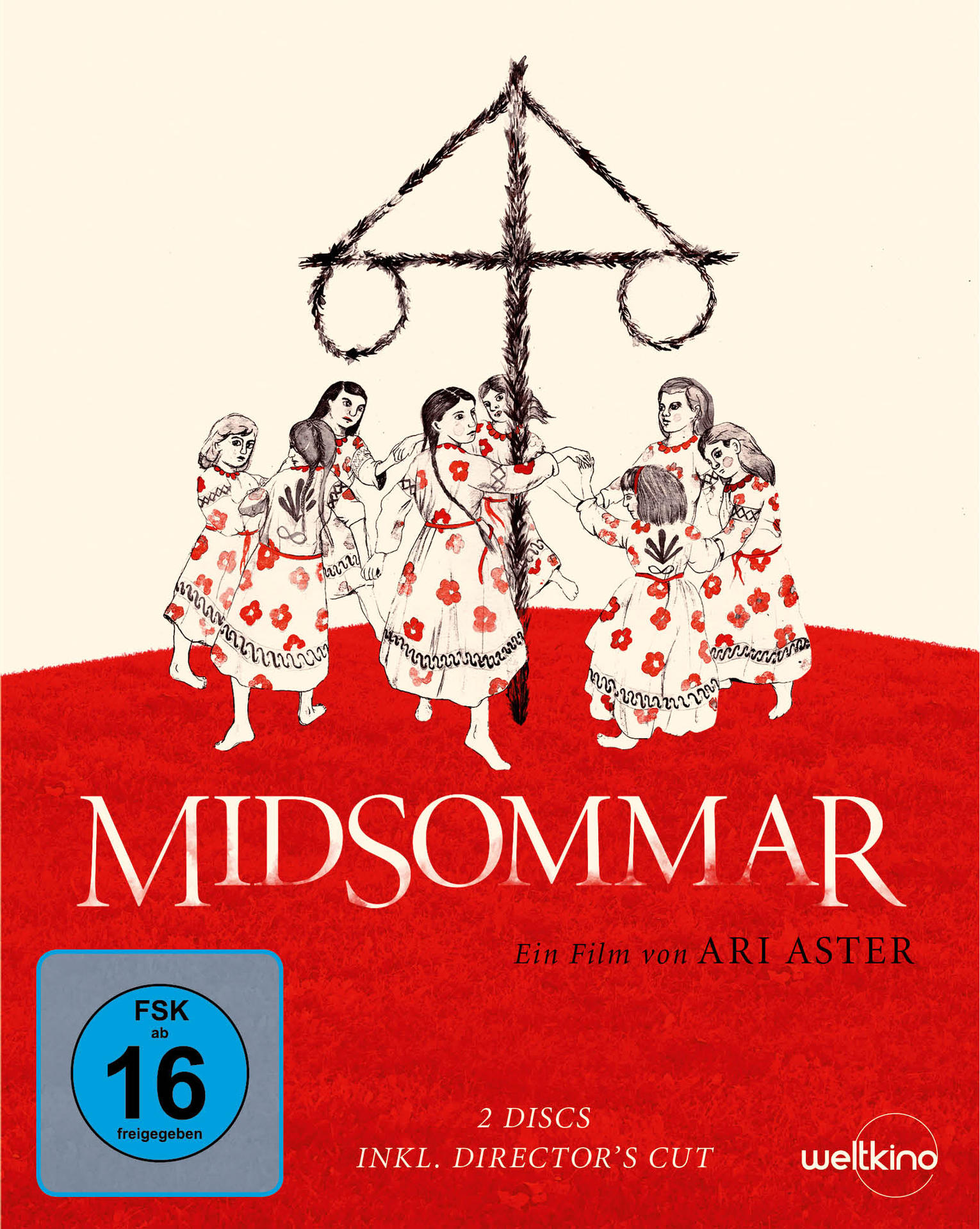 Midsommar DVD-Cover mit tanzenden Figuren um einen Maibaum auf rotem Hintergrund.