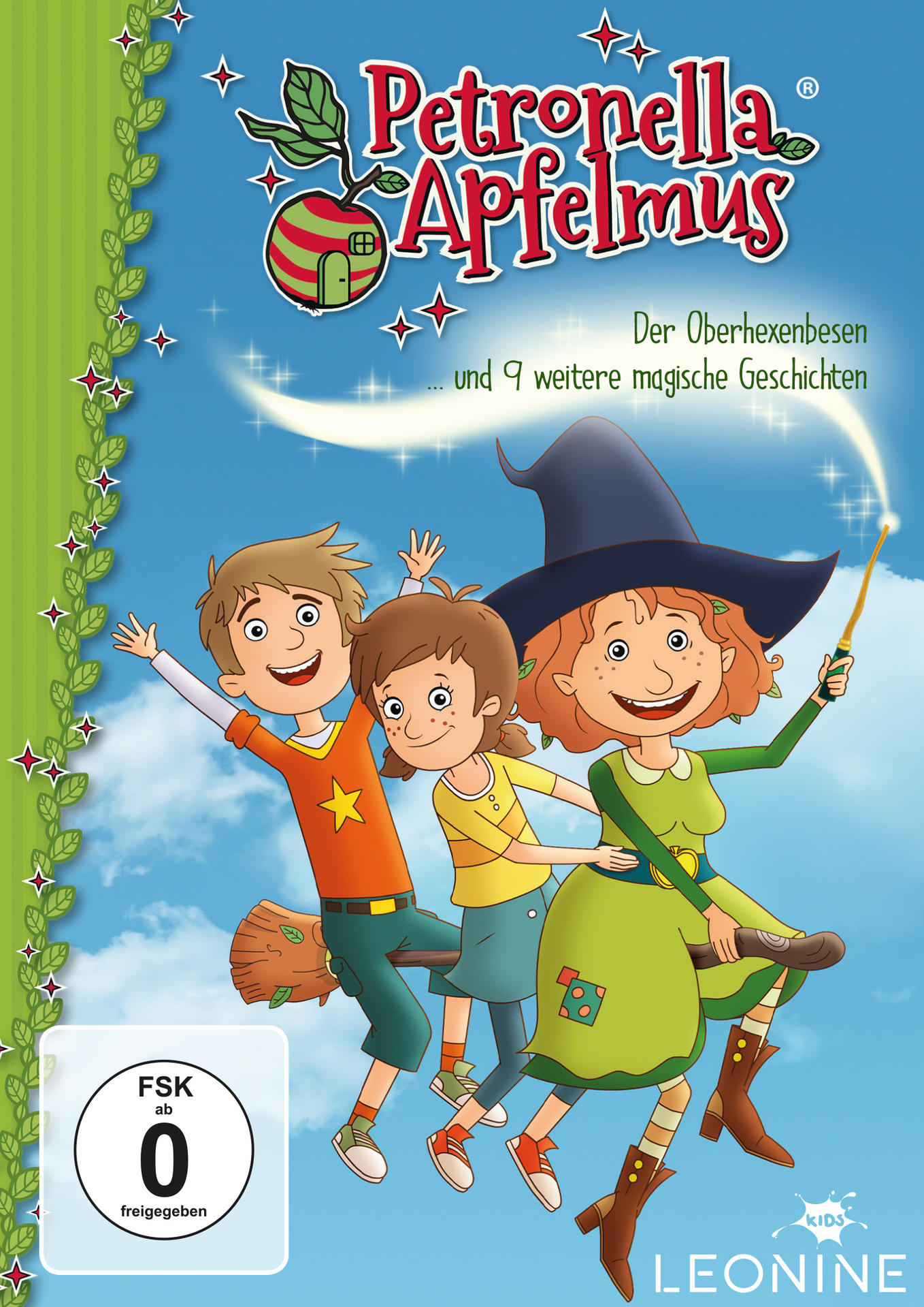 DVD-Cover: Drei Kinder auf einem Besen. Text: Petronella Apfelmus, Der Oberhexenbesen.