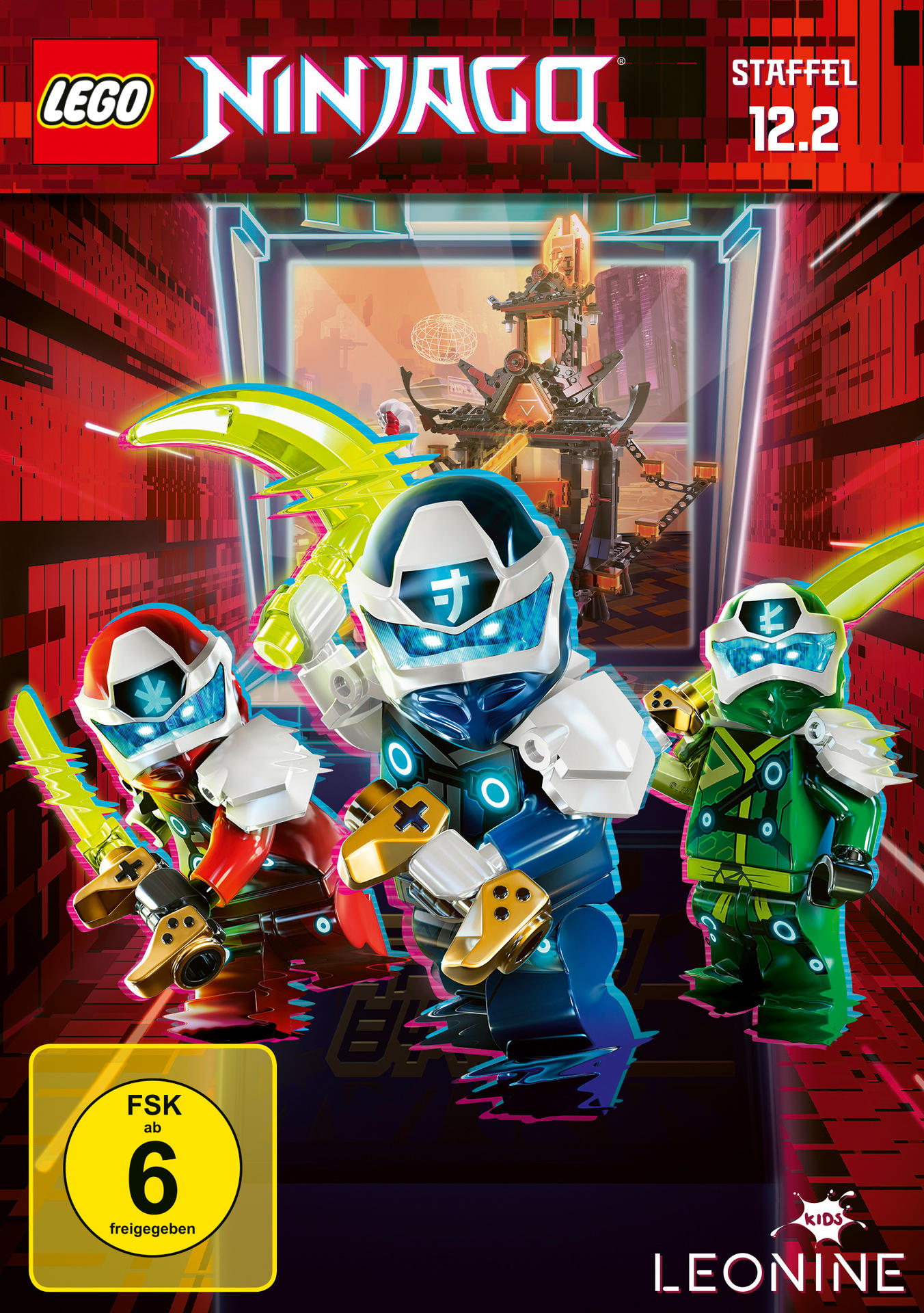 Lego Ninjago DVD-Cover. Drei Ninjas mit Waffen, roter Hintergrund. Text auf Deutsch.