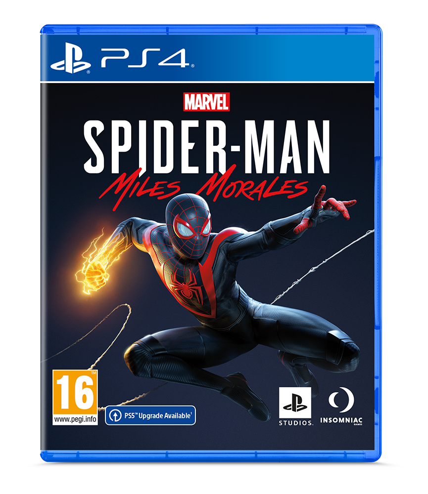 PS4 game cover for Marvel's Spider-Man: Miles Morales. Spider-Man in action, blue background.