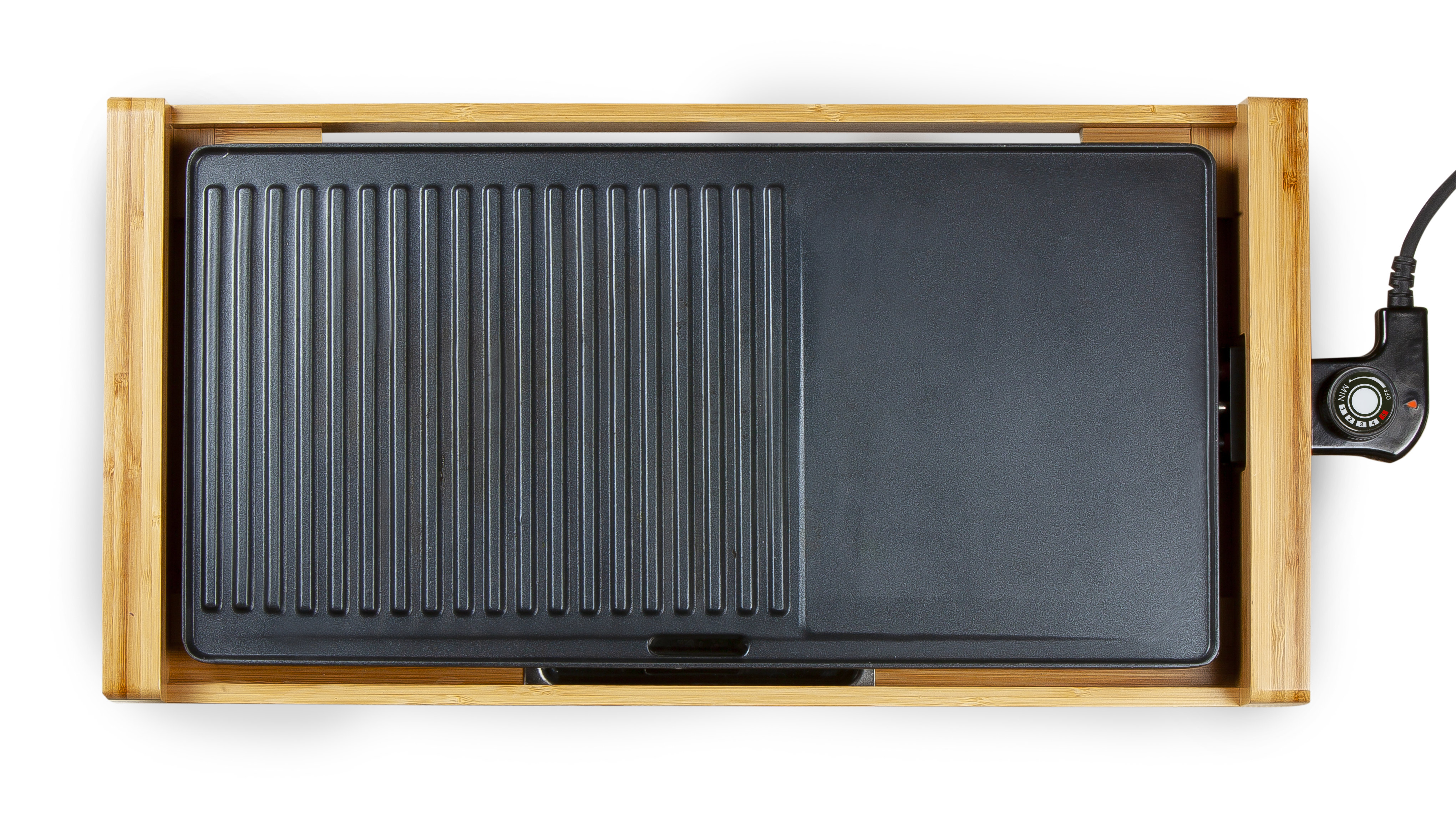 A top-down view of a black electric grill in a wooden frame, with a white background.