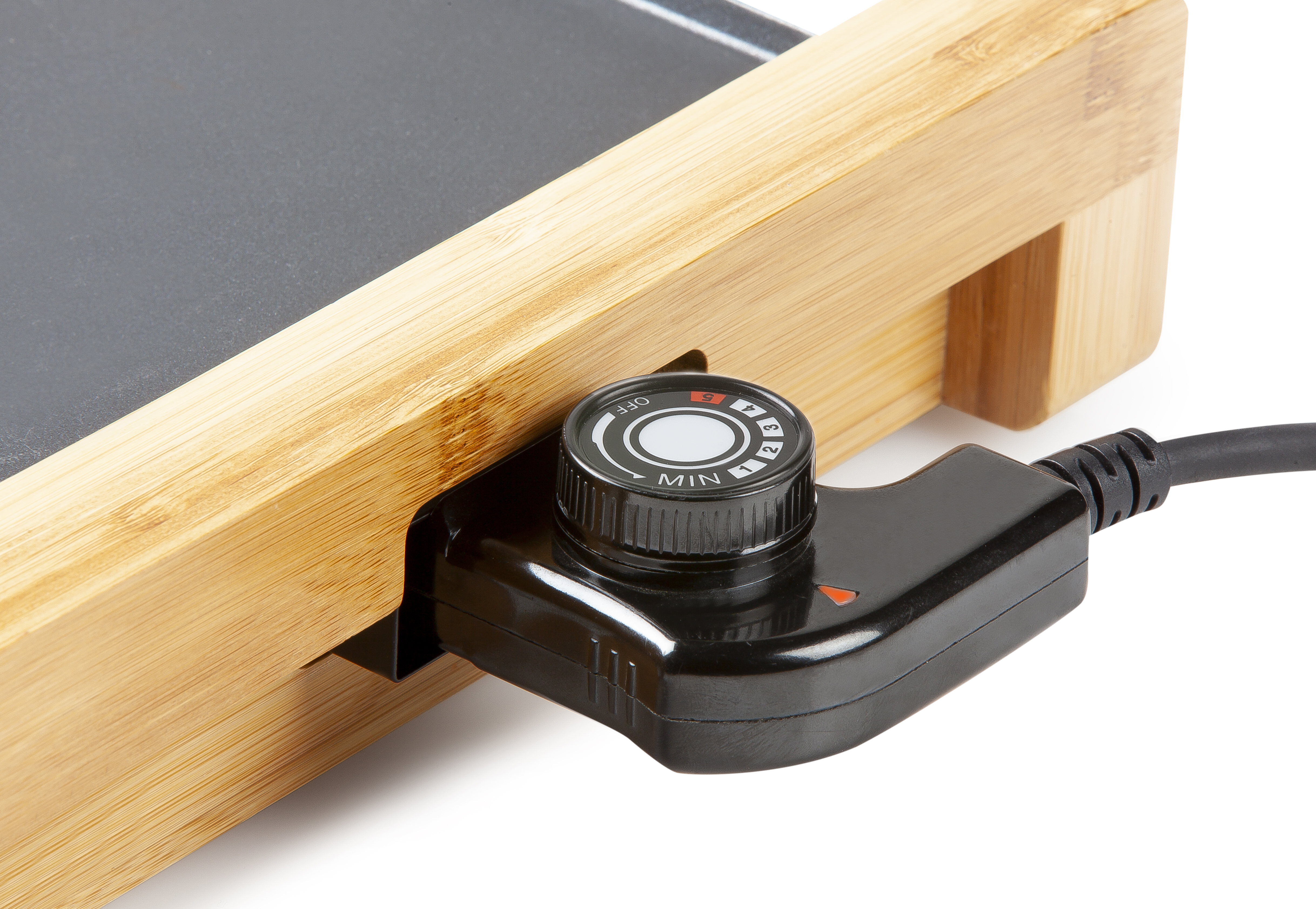 Bamboo griddle with a temperature control knob and black power cord.