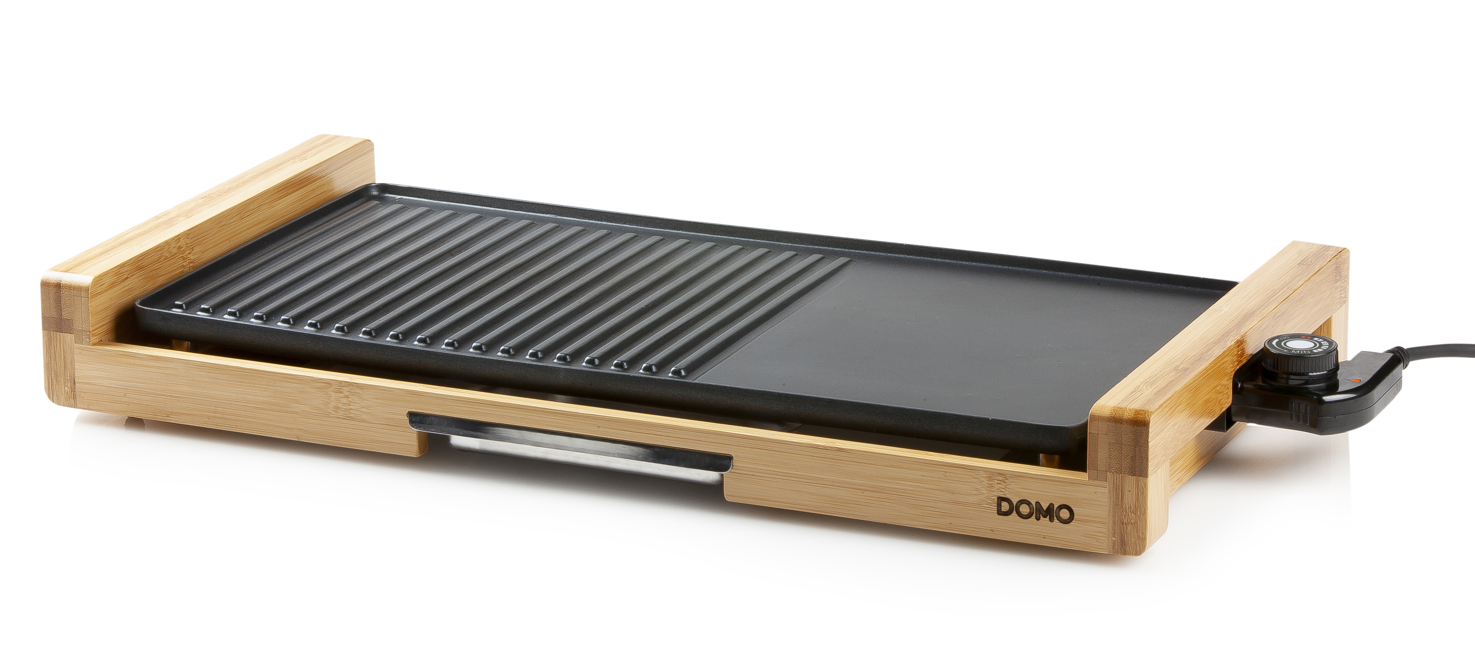 An electric grill with a wooden frame. It has a ridged cooking surface and a control dial.