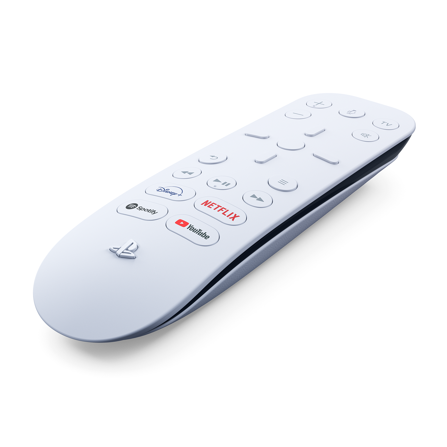 Mando a distancia multimedia blanco de PlayStation con varios botones y logotipos.