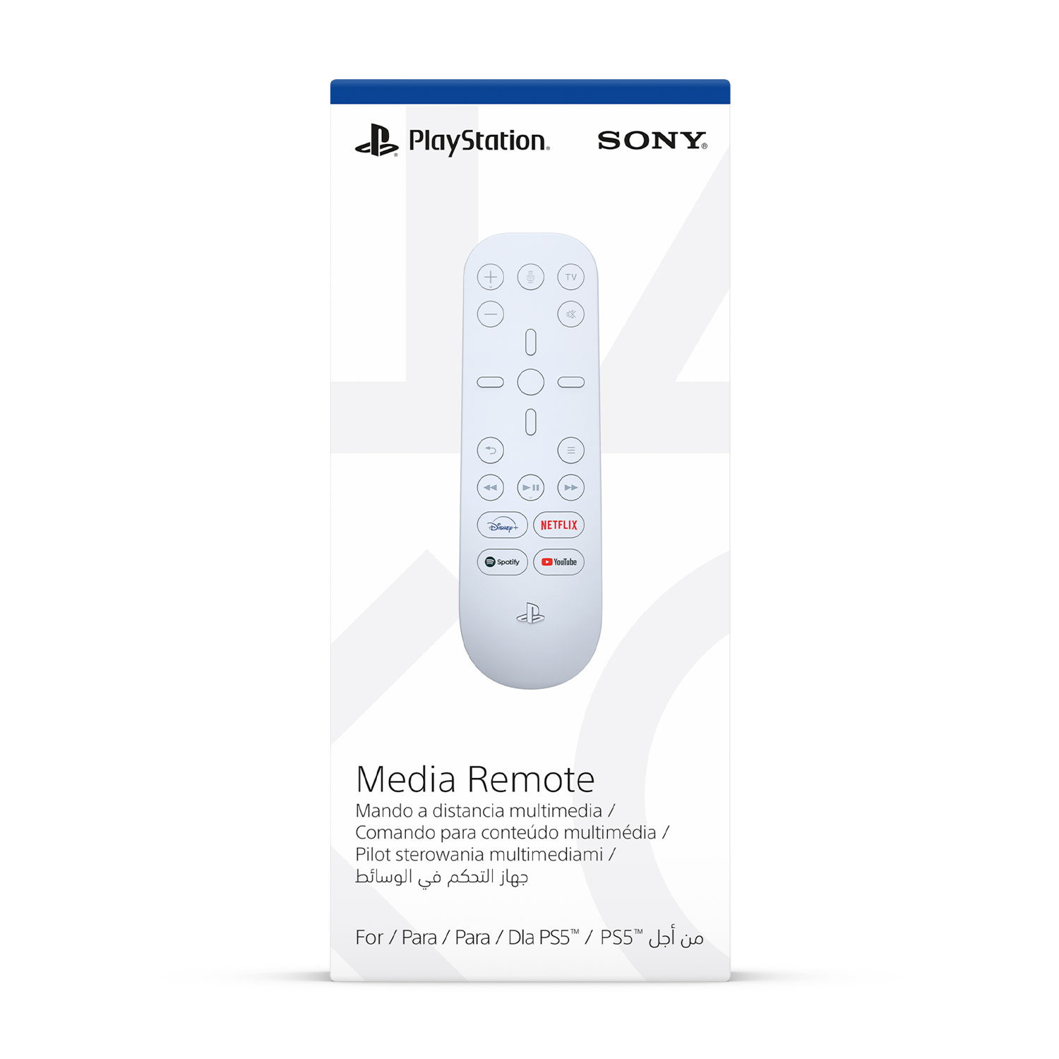 Mando a distancia multimedia PlayStation blanco en caja. Botones visibles. Logotipo Sony arriba.