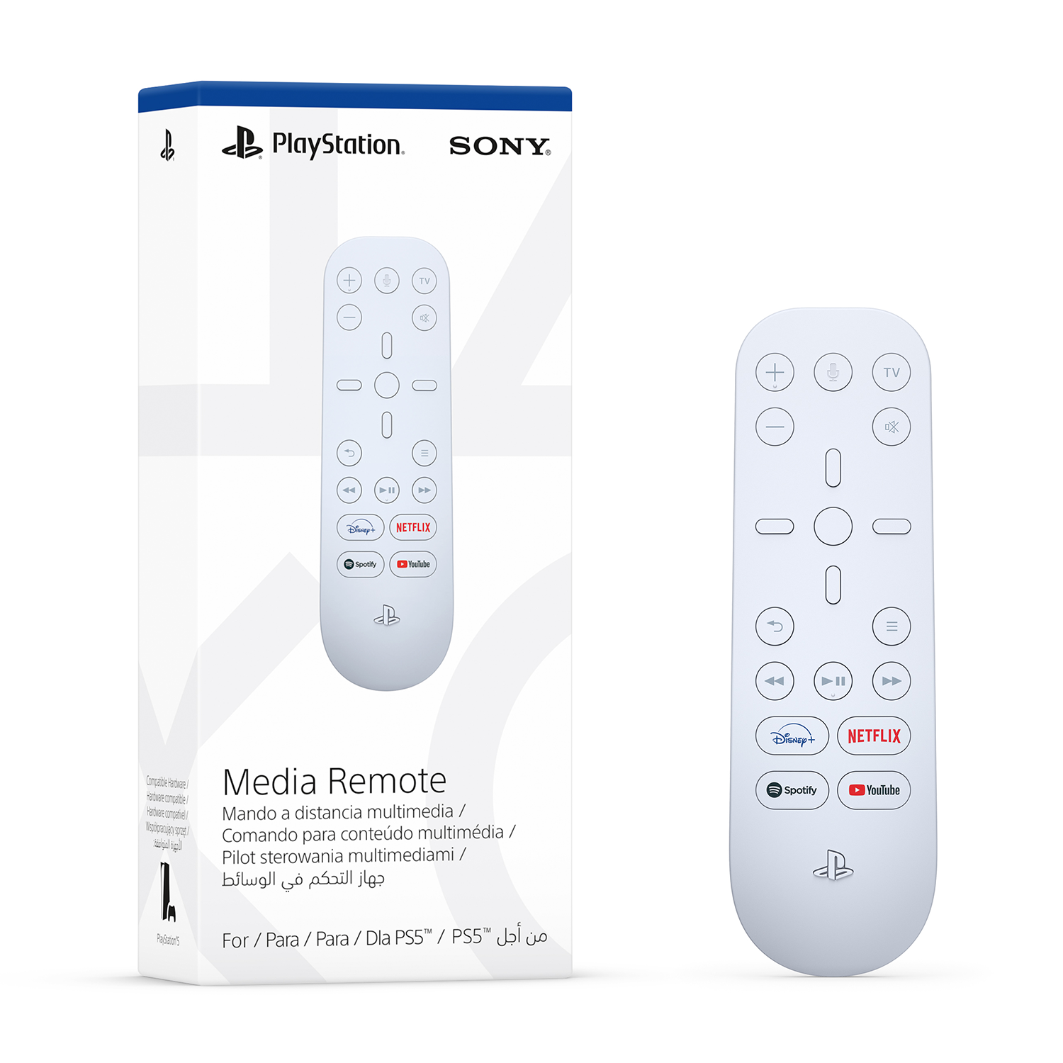 Mando multimedia Playstation blanco y caja. El mando tiene botones y el logo de Playstation.