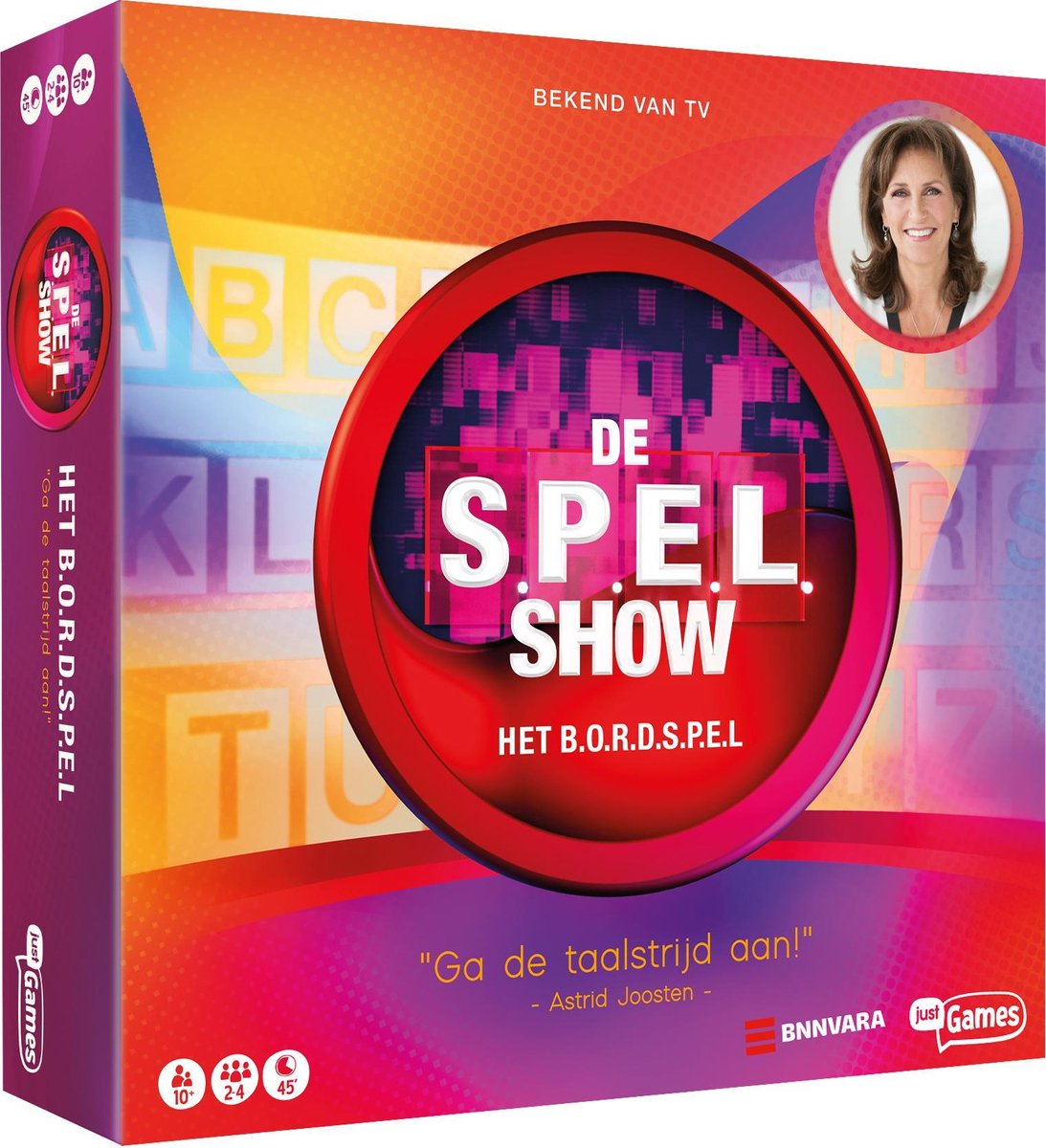 Box of a game 'De Spel Show'. The box has a woman's photo, game title and logo.