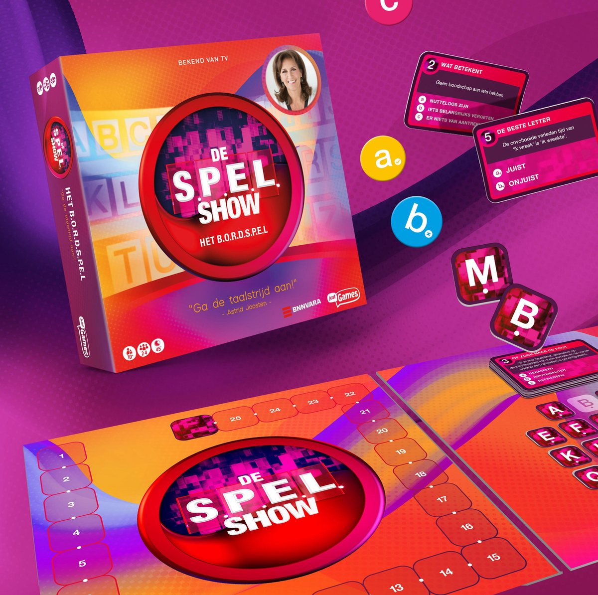 Game box and game elements. Board game with cards and a game board with letters.