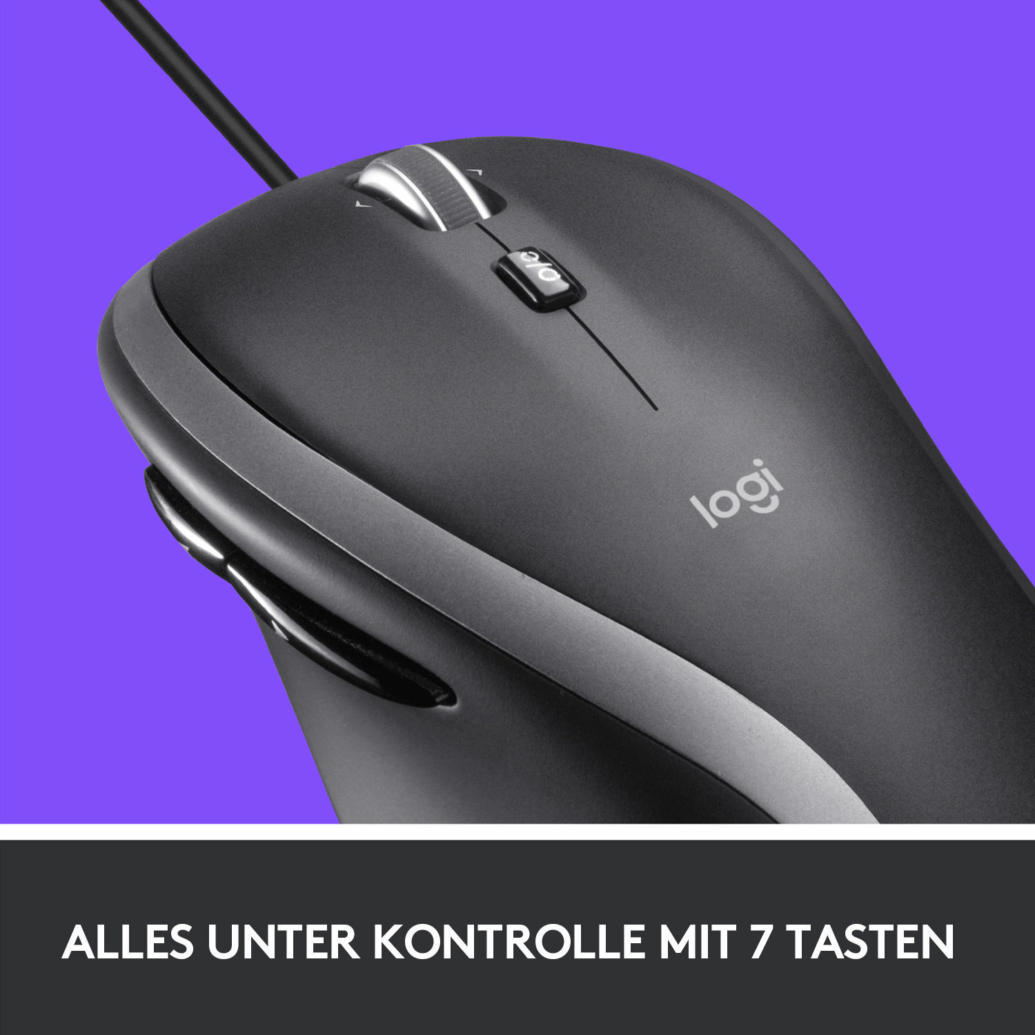 Eine dunkelgraue Computermaus auf lila Hintergrund. Die Maus hat ein Logo und Tasten.