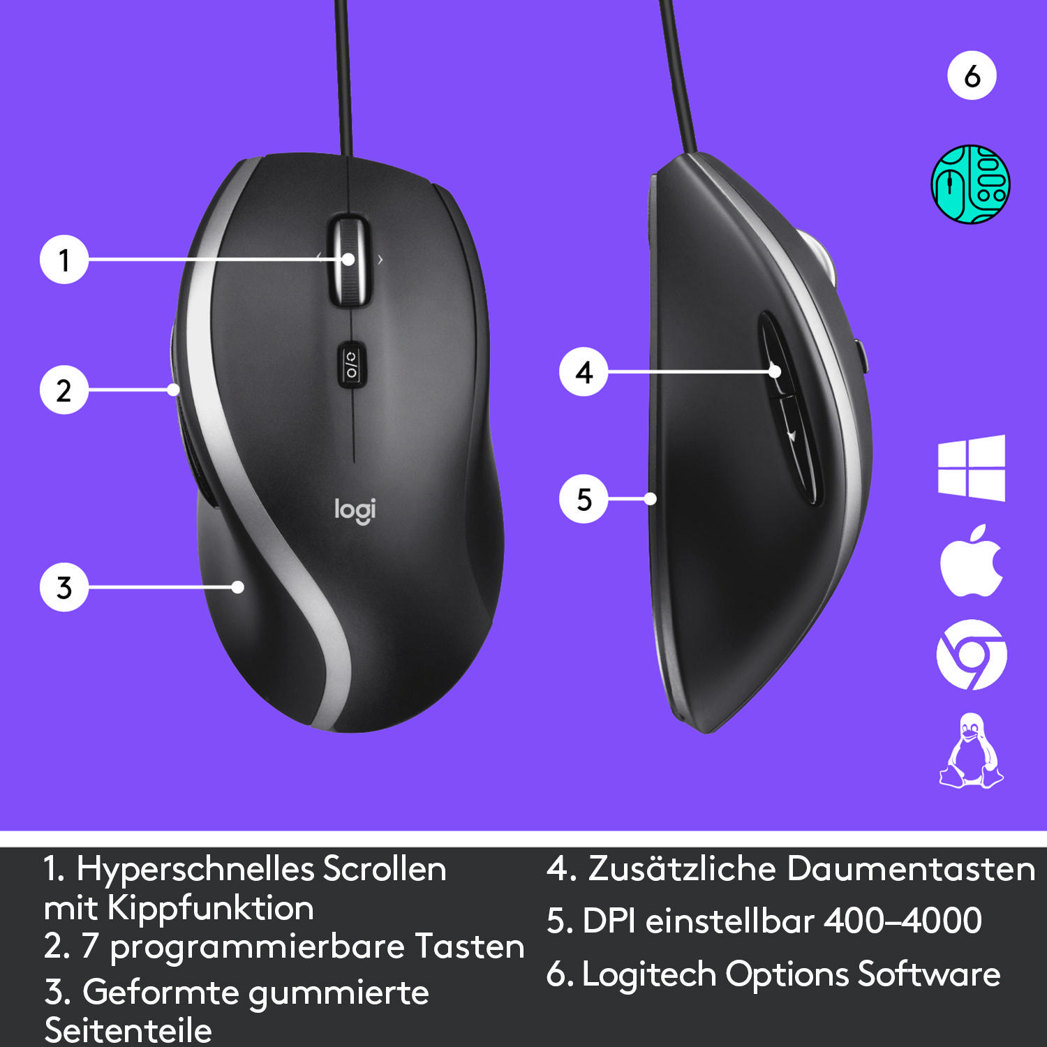 Eine schwarze Logitech-Maus mit nummerierten Merkmalen auf weißem Hintergrund.