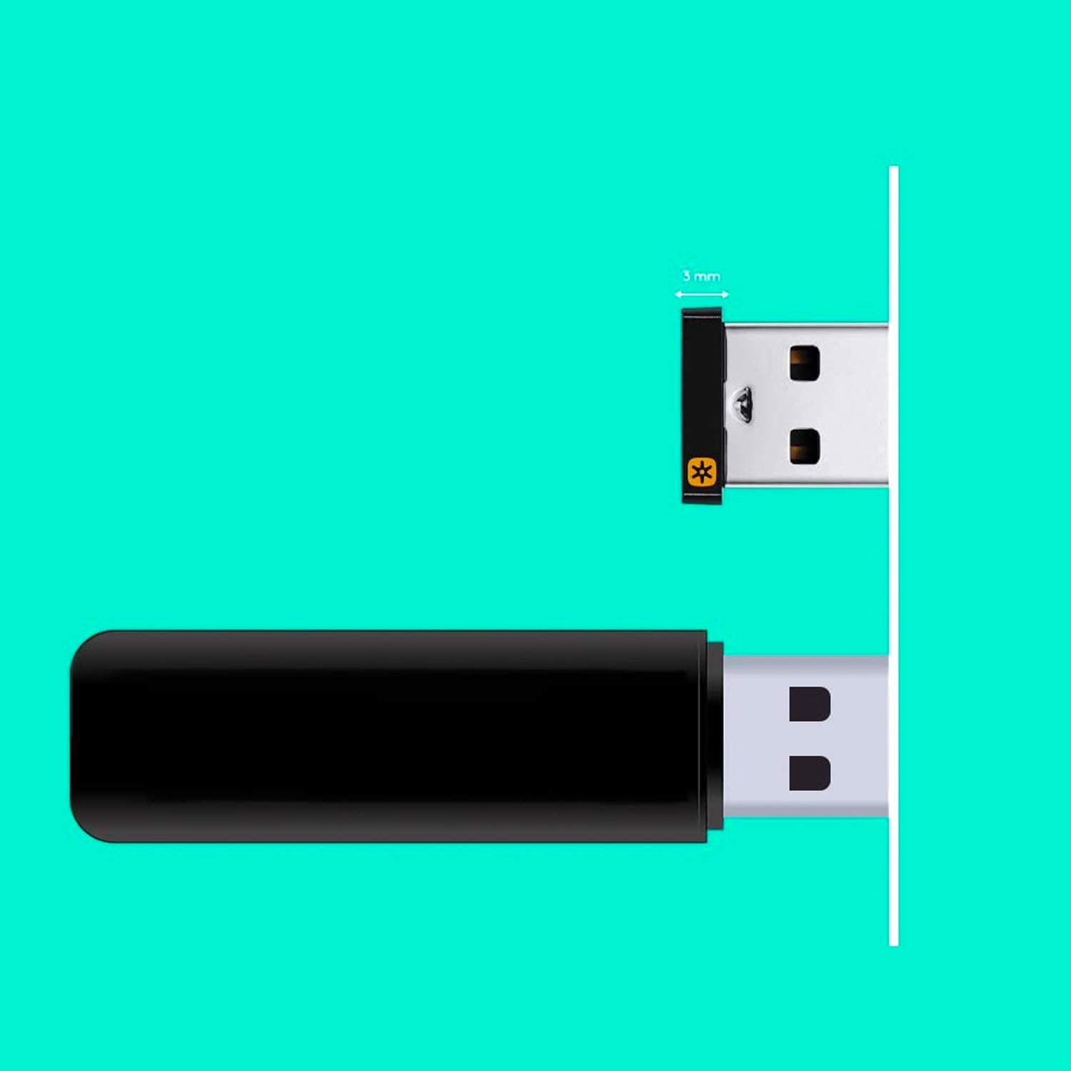 Schwarzes USB-Gerät neben einem weißen Steckplatz auf türkisem Grund.