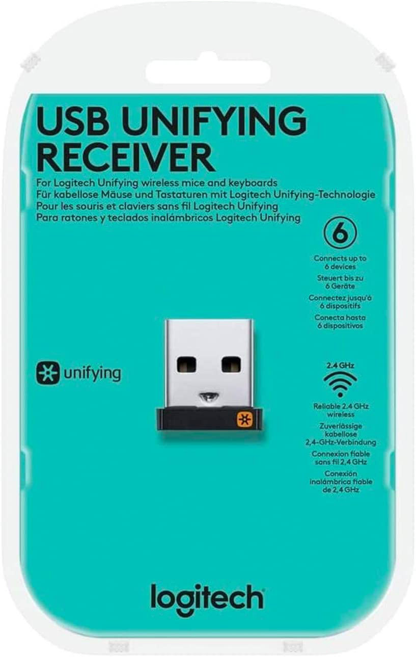 Logitech USB Unifying Receiver in Verpackung, schwarz und silber.