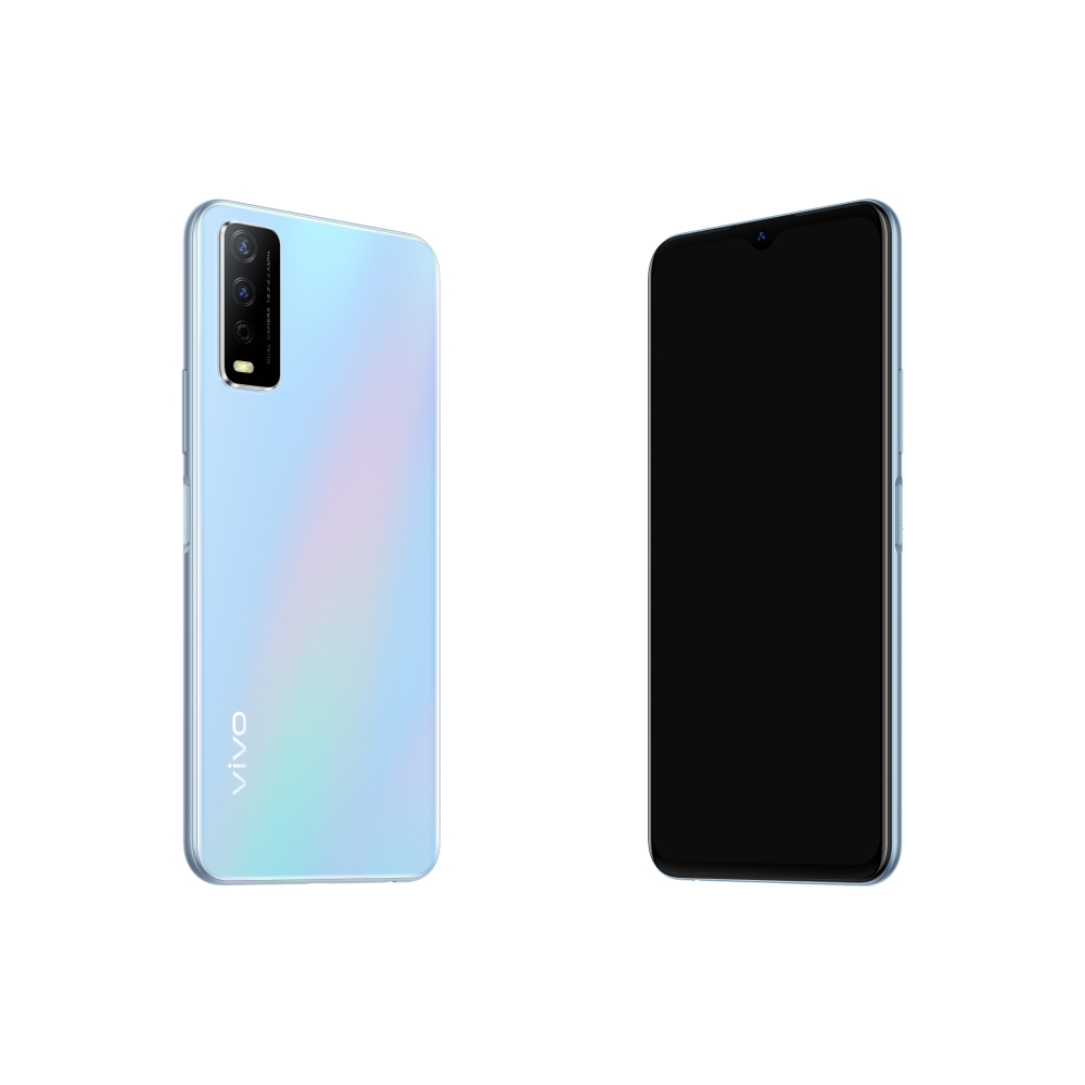 Dos teléfonos Vivo blancos y azules, uno con la pantalla encendida.