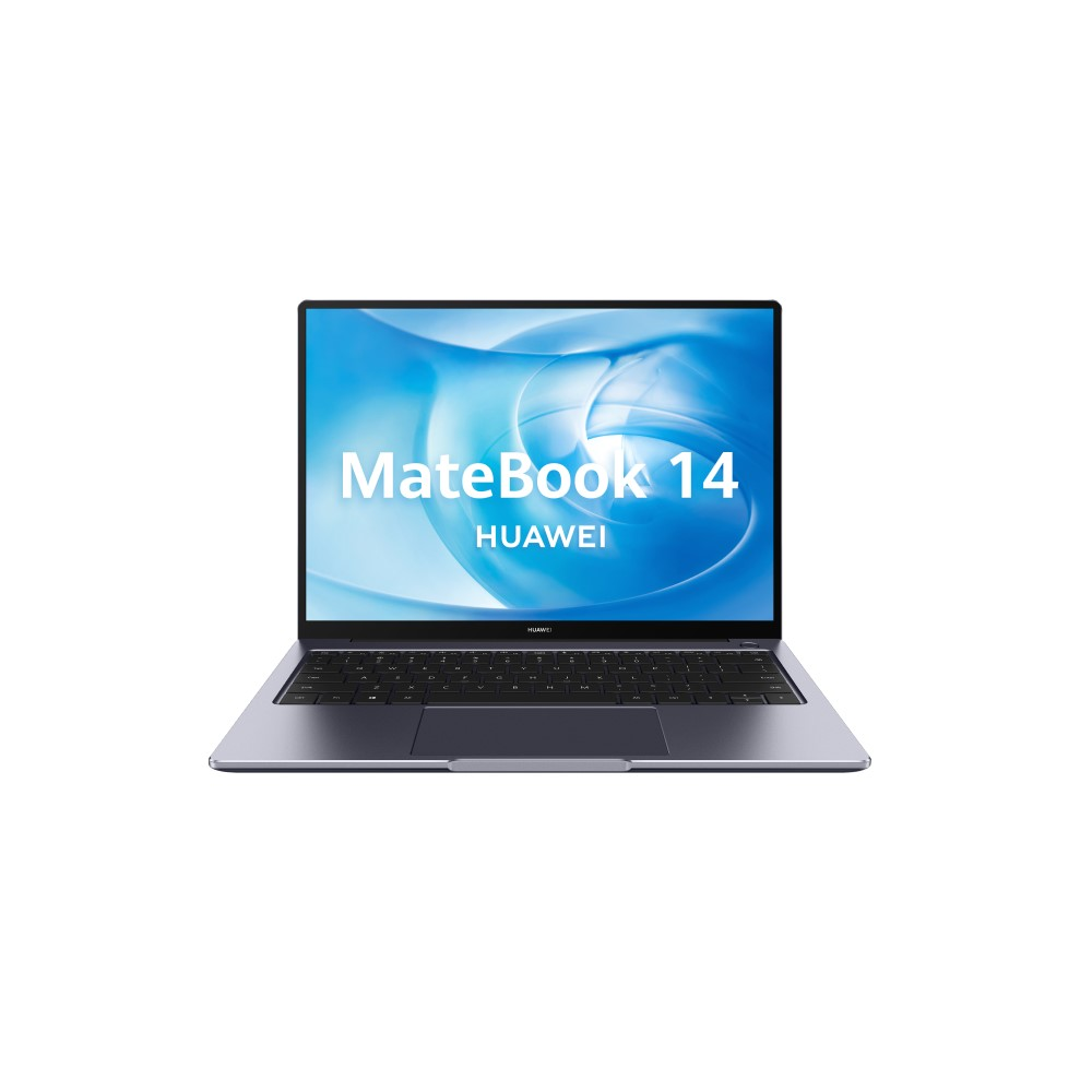 Un portátil gris con la pantalla que muestra 'MateBook 14' y el logotipo de Huawei. Fondo blanco.