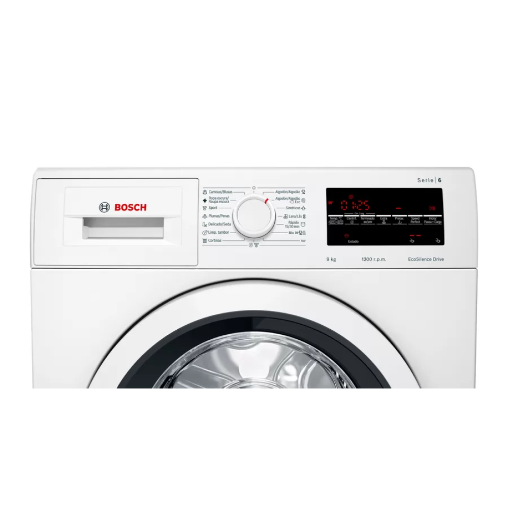 Lavadora Bosch blanca con controles en la parte superior.