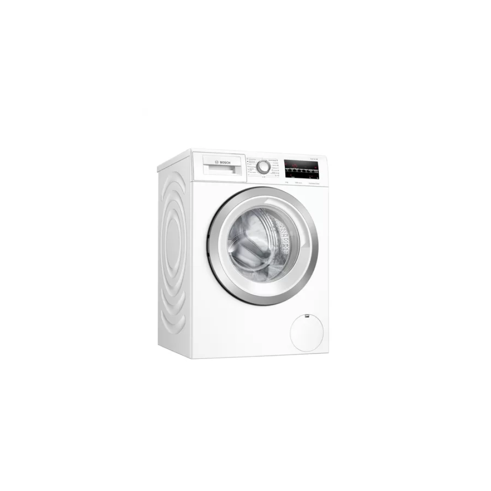 Lavadora Bosch blanca con borde plateado y panel de control.