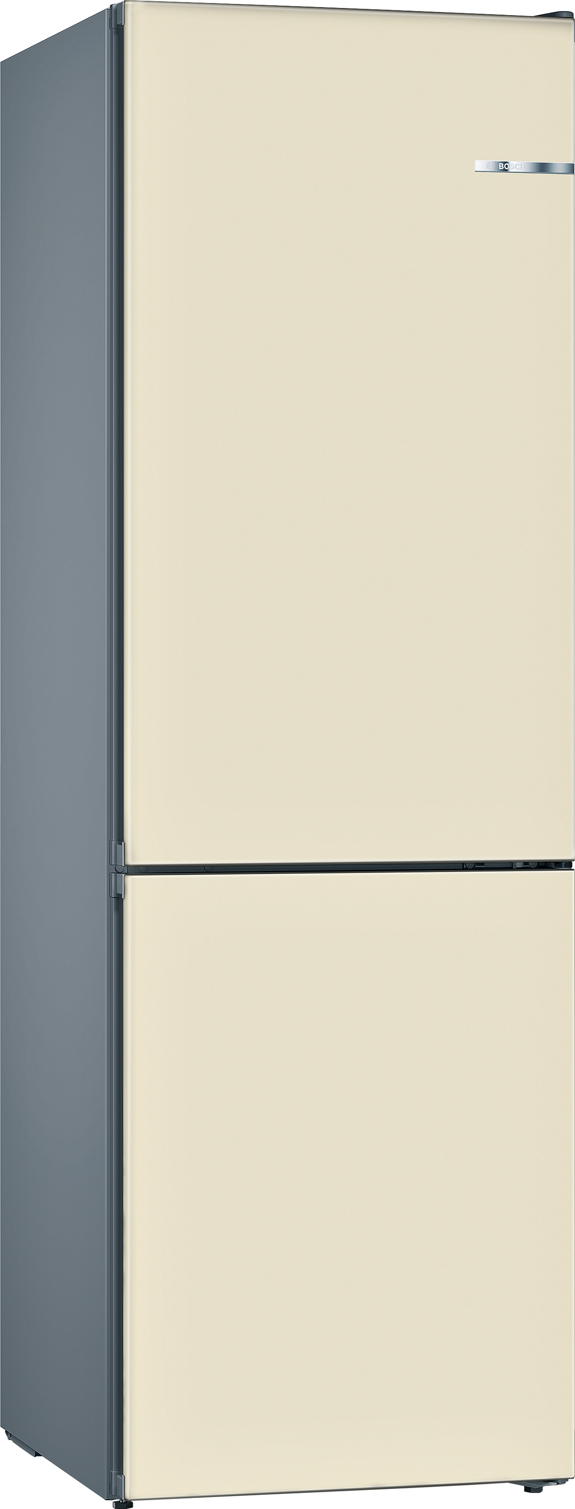 Refrigerador crema, dos puertas, lados grises, fondo blanco.