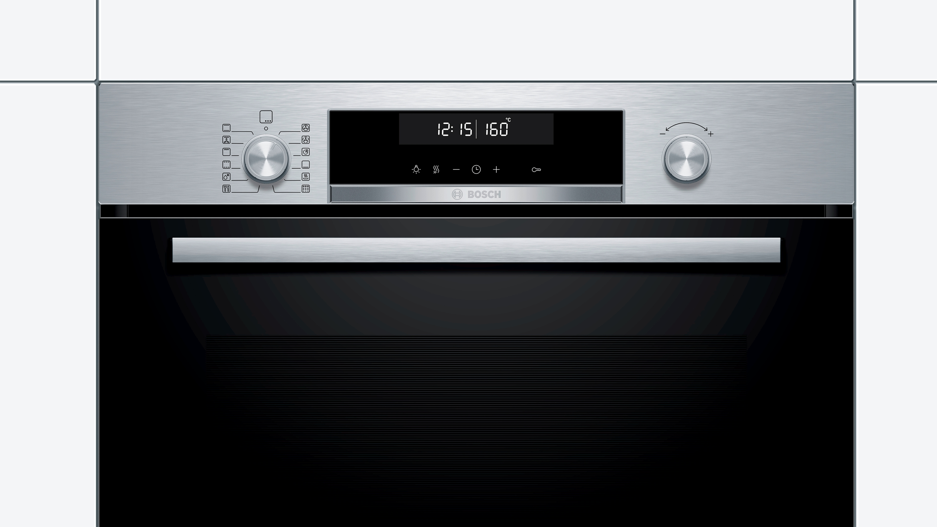 Horno de acero inoxidable con pantalla digital que muestra 12:15 y 160. Perillas a la izquierda y derecha.