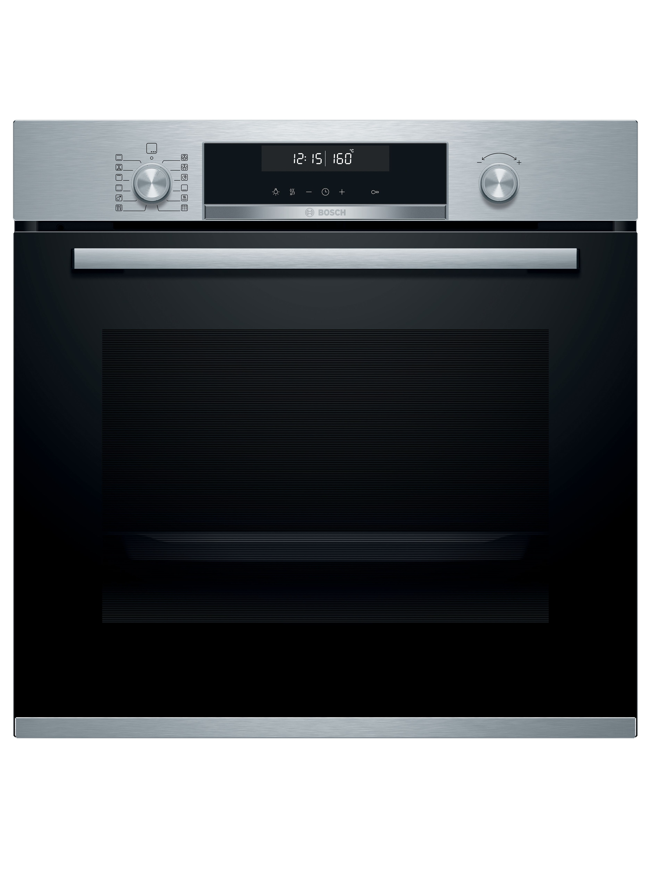 Horno empotrado plateado y negro con pantalla digital y mandos.