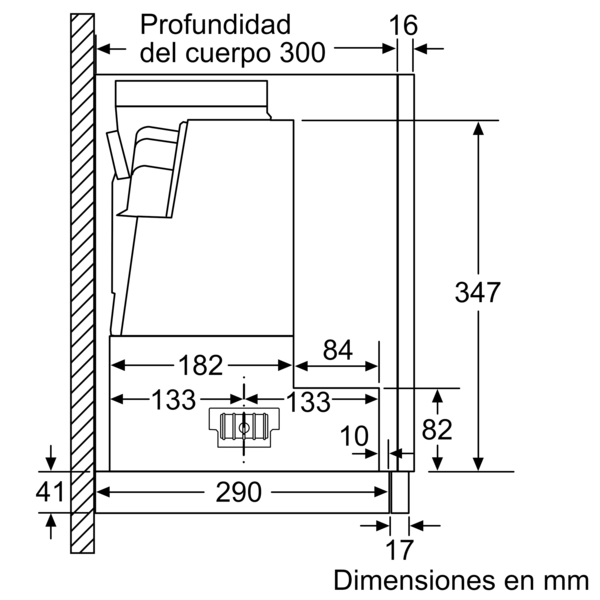 Dibujo técnico con dimensiones de un electrodoméstico de cocina, en español.