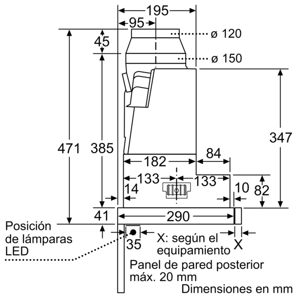 Dibujo técnico de un lavavajillas con dimensiones en mm, mostrando su tamaño.