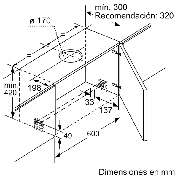 Dibujo técnico con dimensiones para la instalación de un mueble de cocina. Tiene medidas en mm.