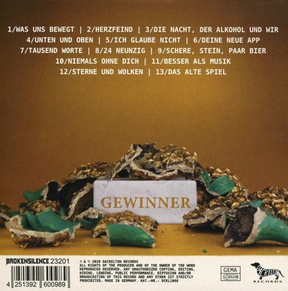 Rückseite einer CD mit Songtiteln und einem Bild eines beschädigten Steins.