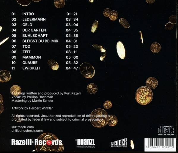 Albumcover mit Titelliste und Münzen, die auf dunklem Hintergrund fallen.