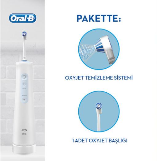 Beyaz Oral-B su flosser iki ataşmanlı. Sağda metin ve bir şema gösteriliyor.