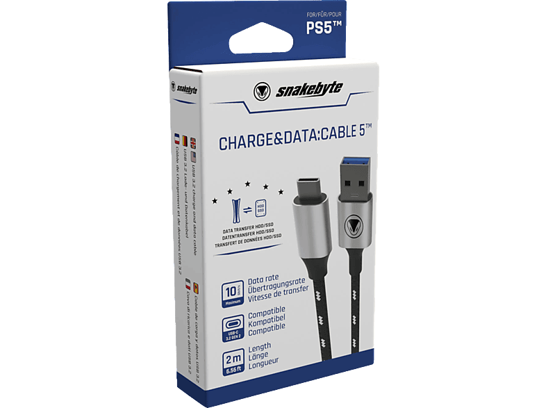 SNAKEBYTE PS5 USB Charge & Data: CABLE 5 (2m) Zubehör PS5, Schwarz/Weiß