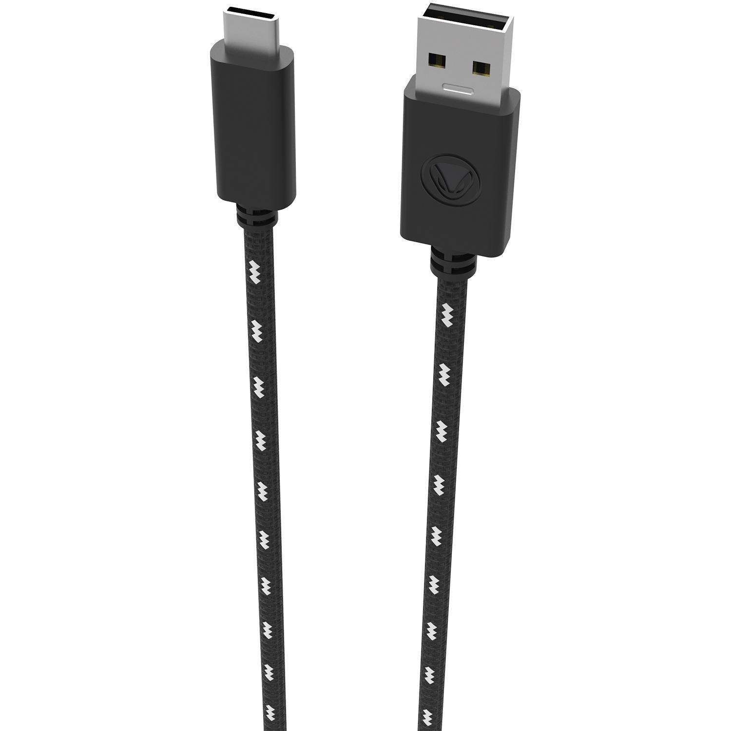 Schwarzes USB-C-zu-USB-A-Kabel mit weißem Zickzackmuster, Anschlüsse sichtbar.