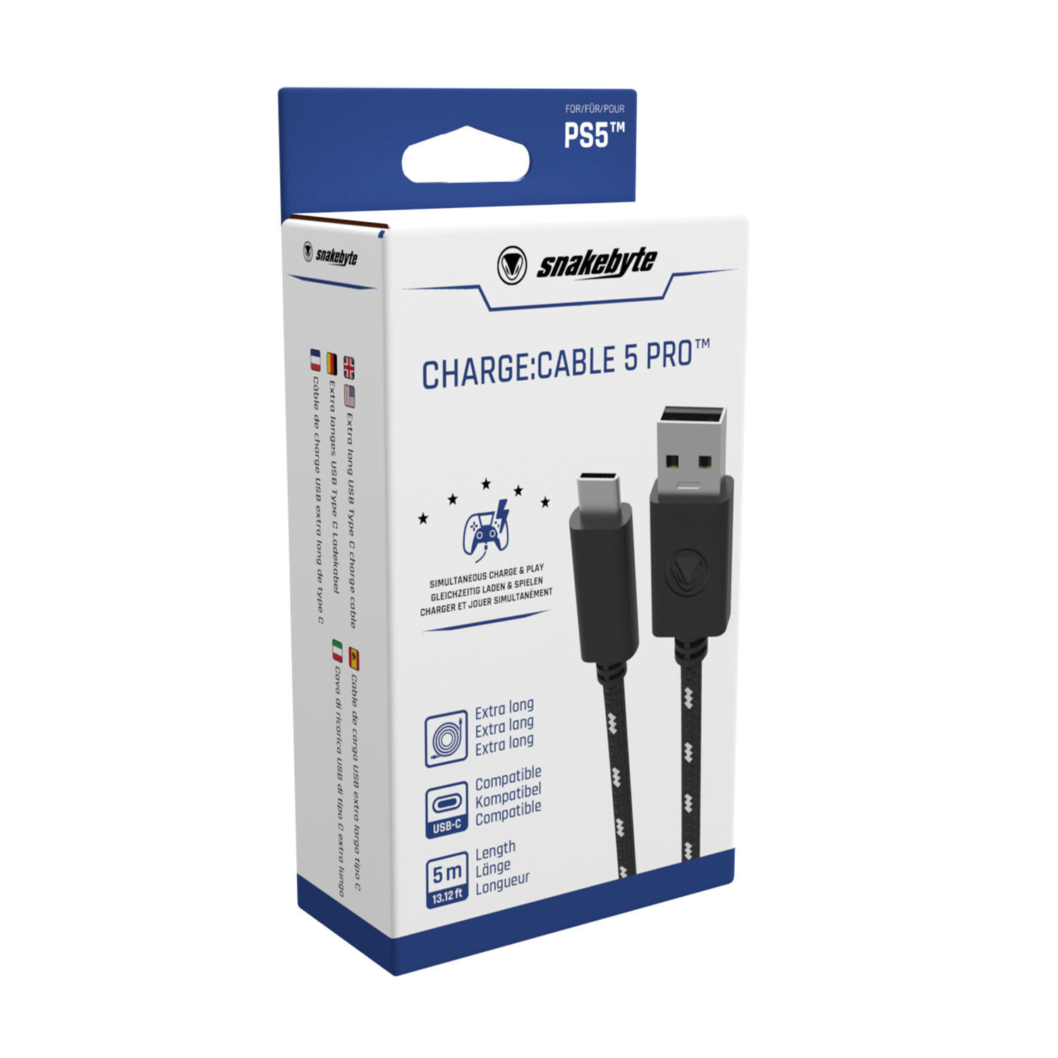 USB Cable PRO™ 5 Charge: 2.0 Schwarz/Weiß (5m) Ladekabel, PS5 SNAKEBYTE