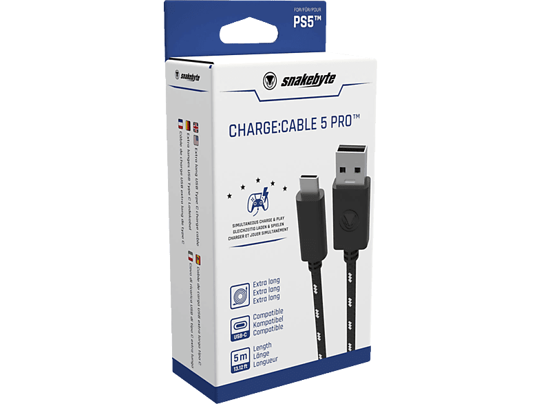 SNAKEBYTE PS5 Charge: Cable 5 PRO™ (5m) USB 2.0 Ladekabel, Schwarz/Weiß