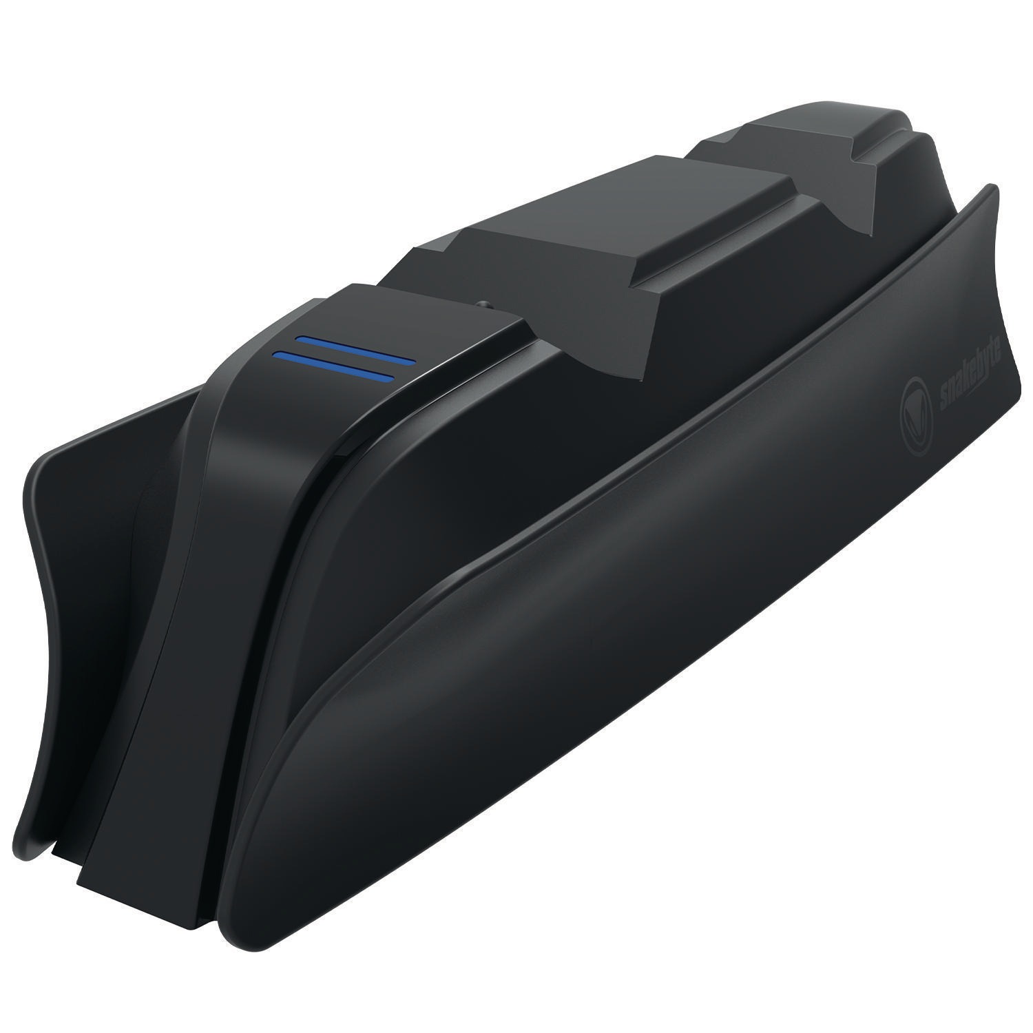 Schwarze Konsolen-Gaming-Gerät mit geschwungenem Design, auf weißem Hintergrund.