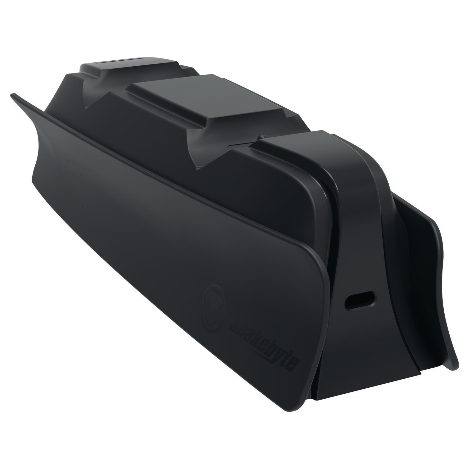Schwarzer Ständer für PS5-Controller, schräge Ansicht. Hat das Logo.