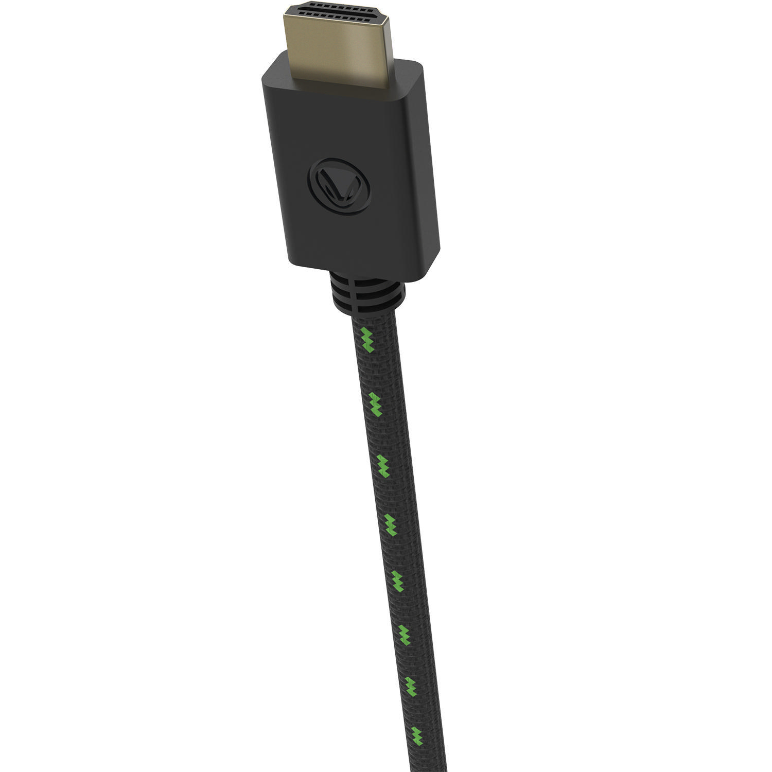 Schwarzes HDMI-Kabel mit grün-weißem Muster, Nahaufnahme auf weißem Hintergrund.