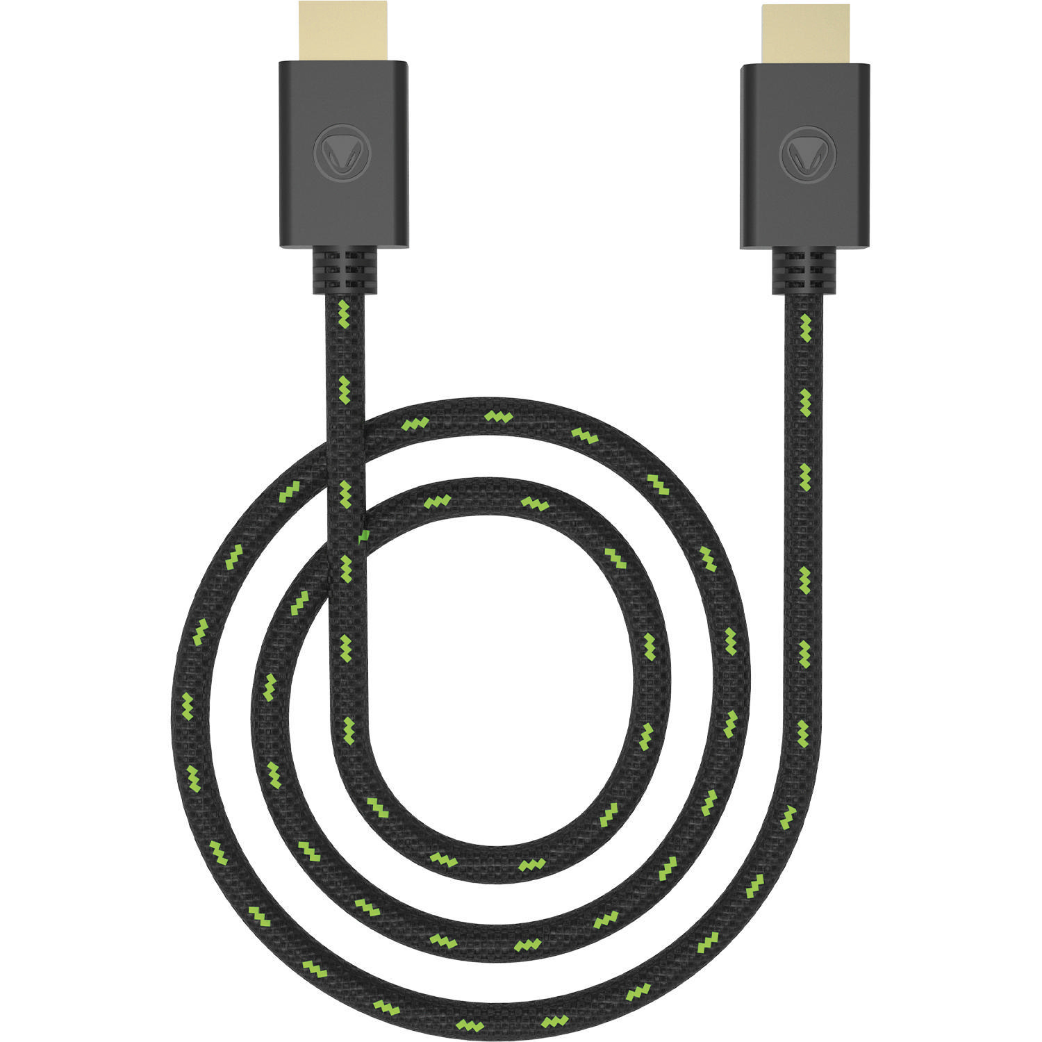 Schwarz-grünes geflochtenes HDMI-Kabel mit Steckern an beiden Enden, spiralförmig.