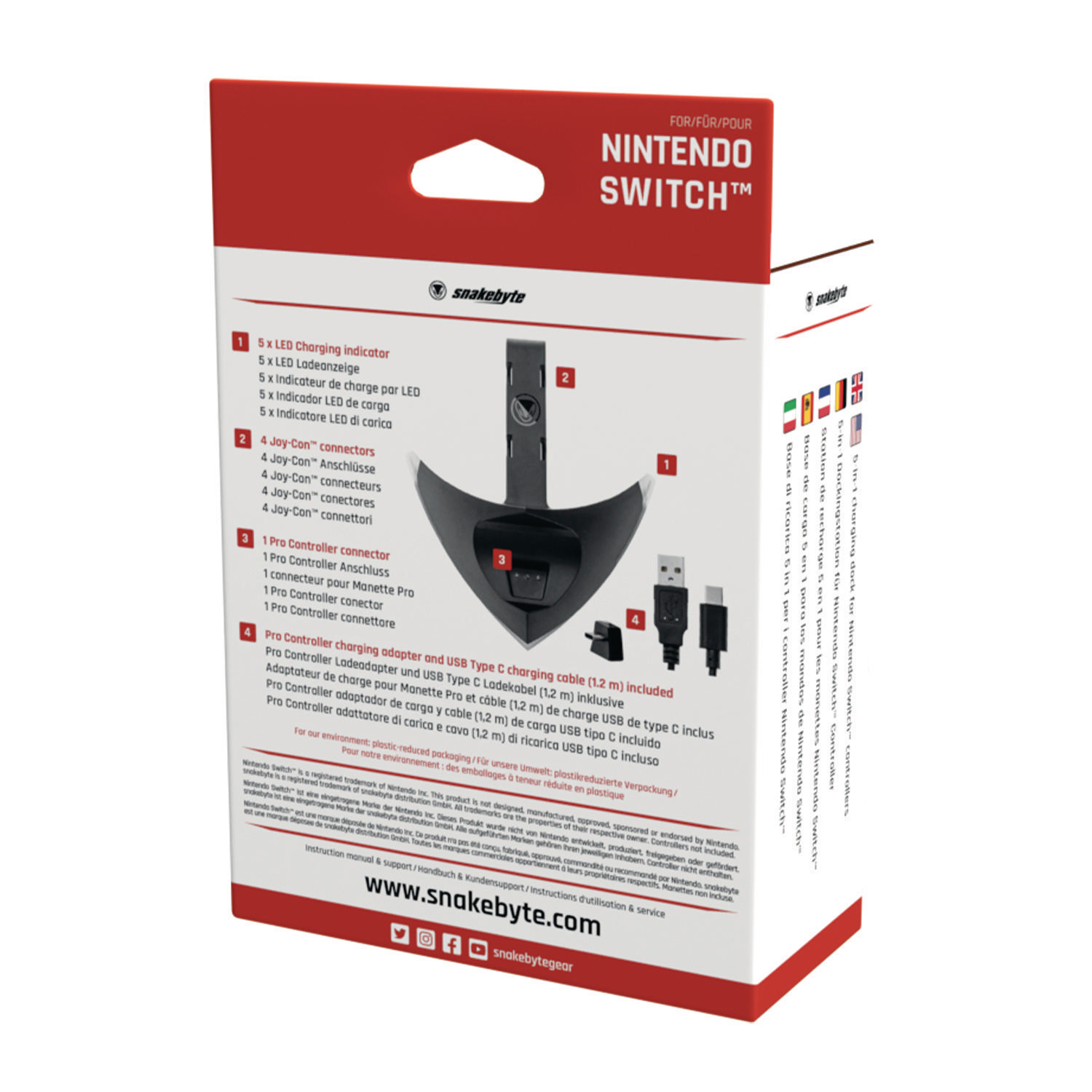 Nintendo Switch Ladestation mit Zubehör in einer Box. Schwarz, Rot und Weiß dominieren.