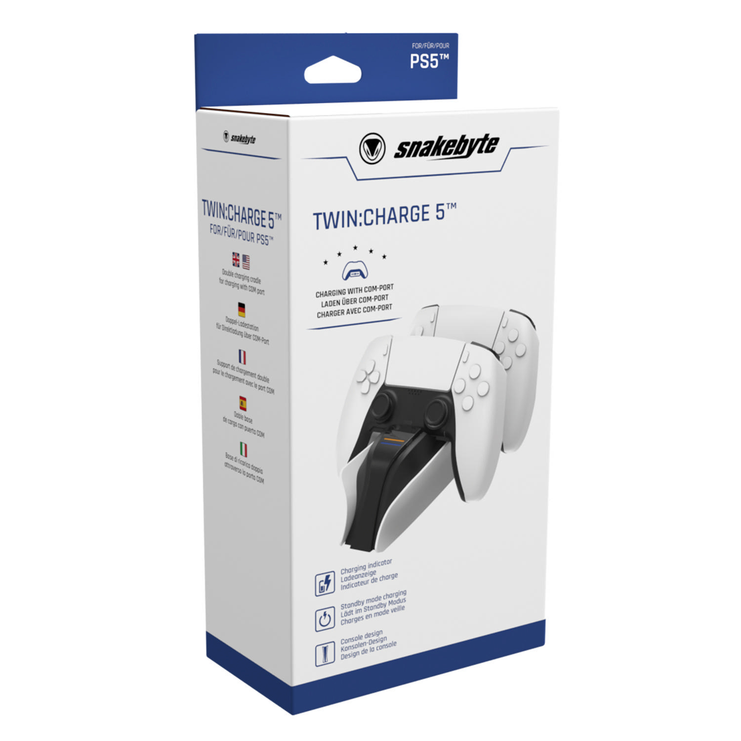 Weiße und blaue Box mit Spielecontrollern und Text. Die Box ist für PS5.