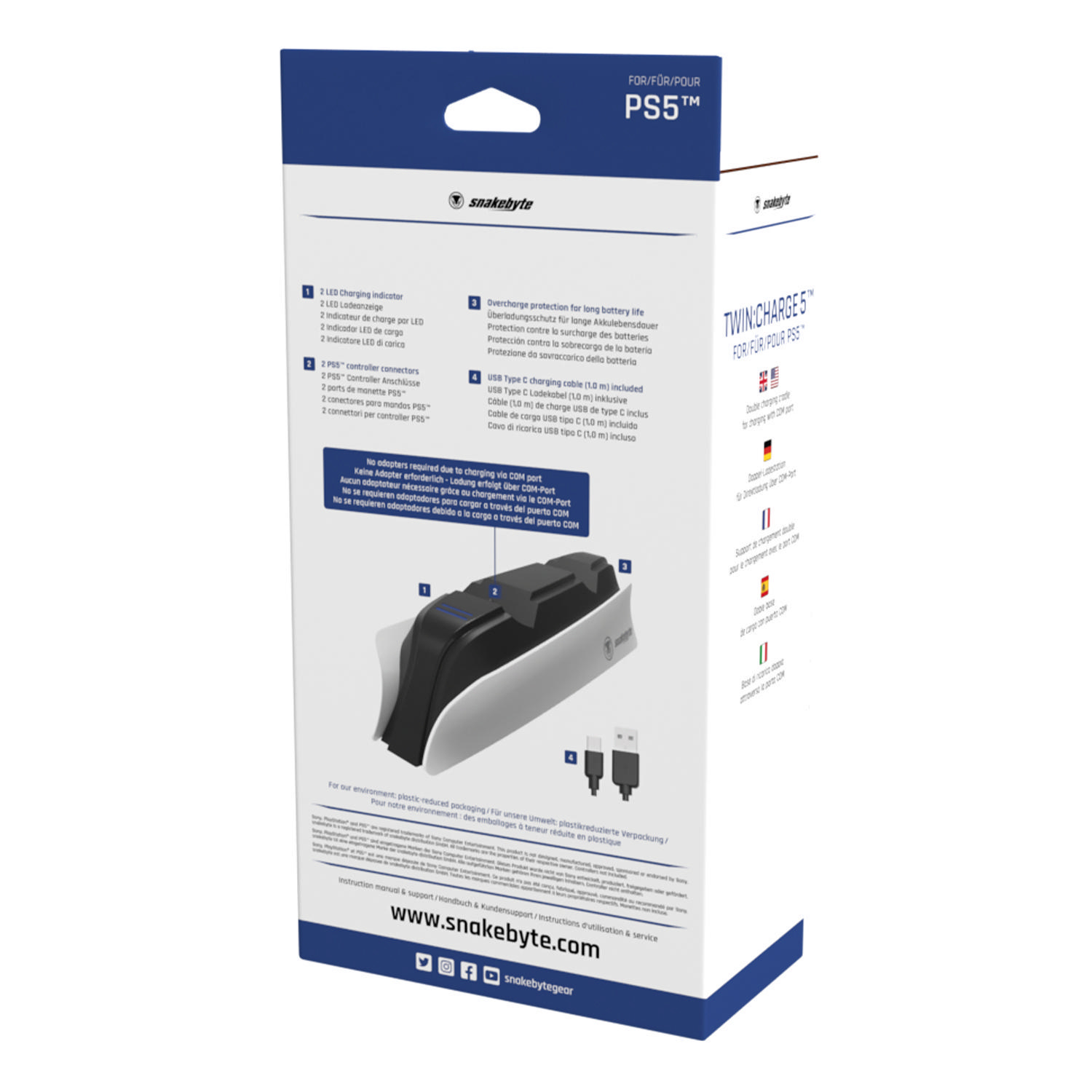 Eine schwarz-weiße Box für ein PS5-Controller-Ladegerät, mit Text.
