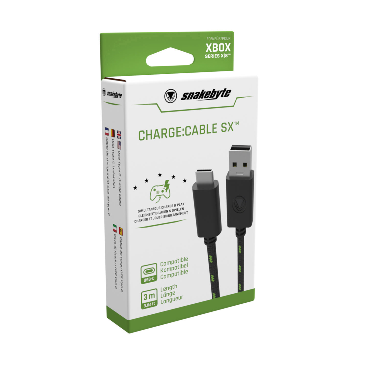 XSX (3M) Schwarz/Grün XSX, USB SNAKEBYTE CHARGE:CABLE für Zubehör SX™