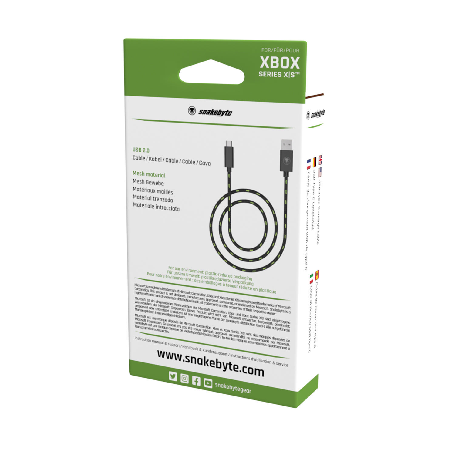 Schwarze Xbox Series X|S-Kabelverpackung. USB 2.0. Markenname Snakebyte.