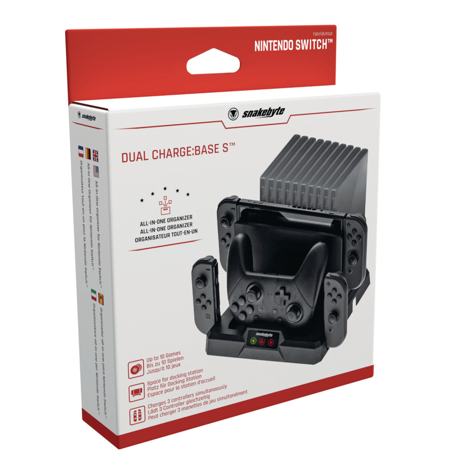 Nintendo Switch Ladestation in einer Box. Schwarze Station mit Controllern und Spiel-Slots.