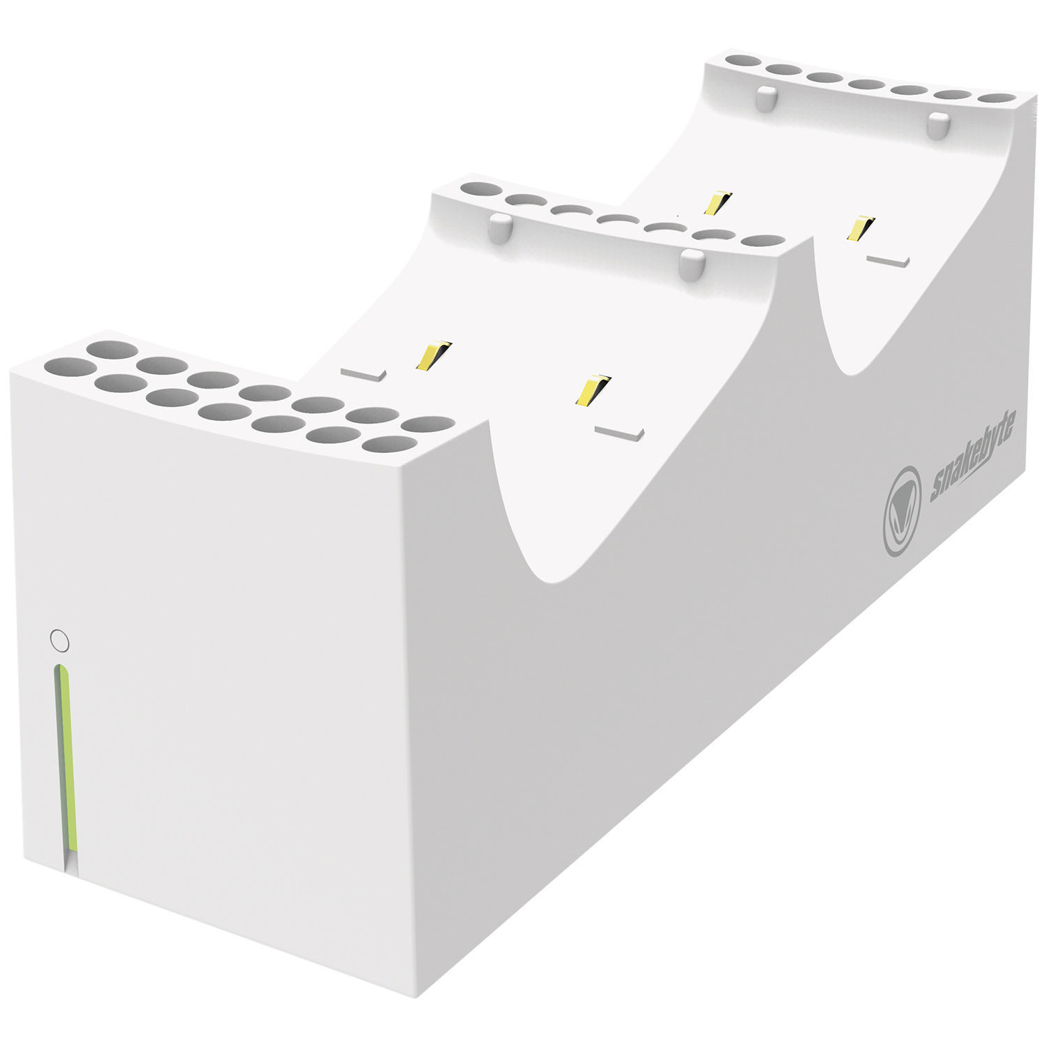 Weiße Ladestation für Gaming-Controller mit mehreren Schlitzen und kreisförmigem Design.