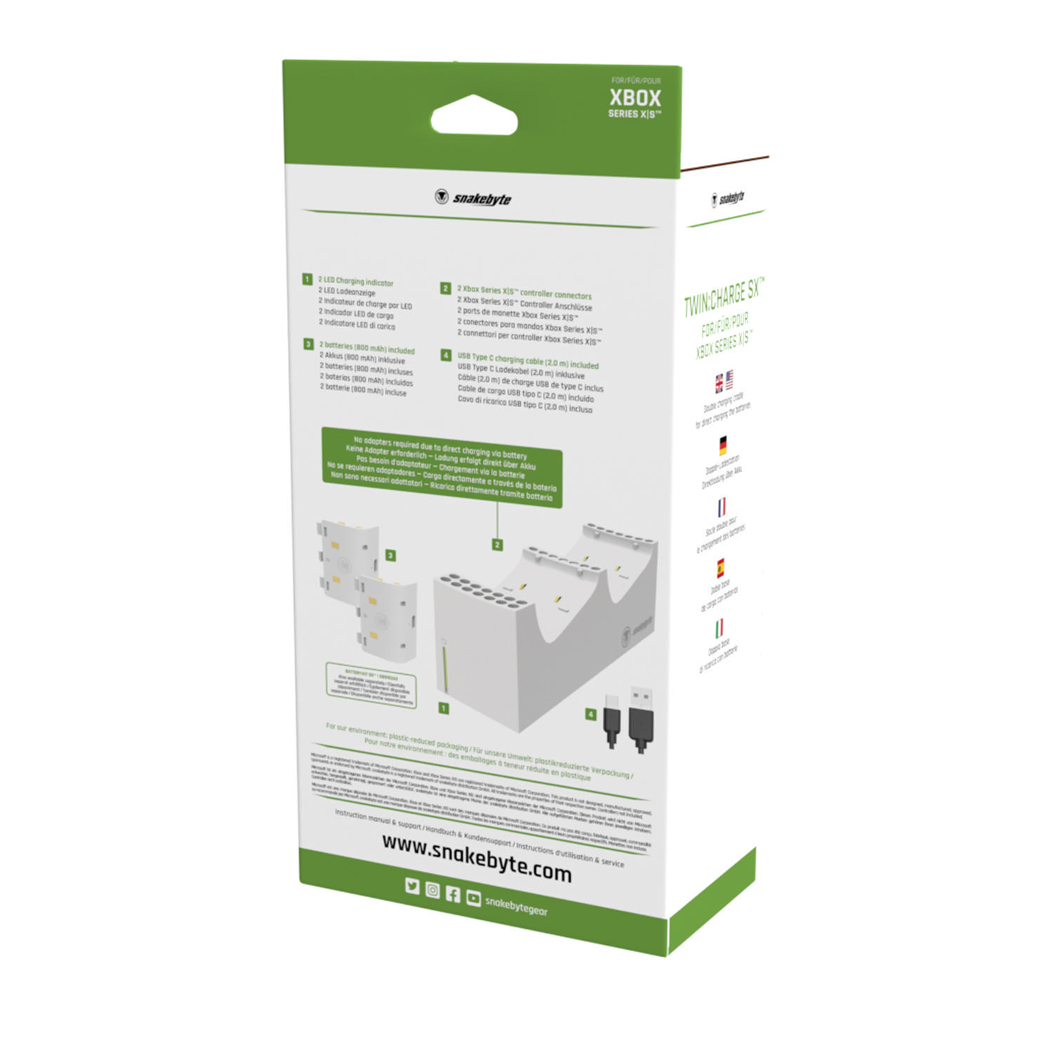 Eine weiße und grüne Xbox Series X Controller-Ladegerätbox. Text und Bilder beschreiben Merkmale.