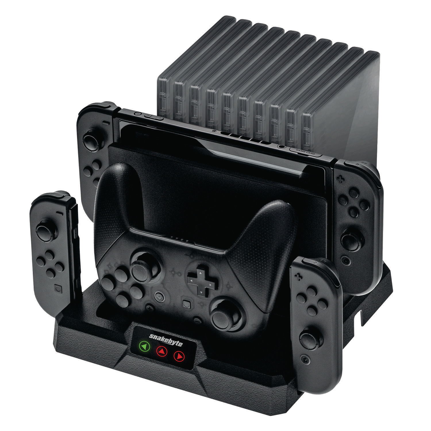 Schwarzer Controller- und Spielkassettenständer.