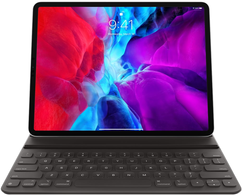 An iPad with a keyboard attached. The screen displays a colorful gradient, and the keyboard is dark gray.