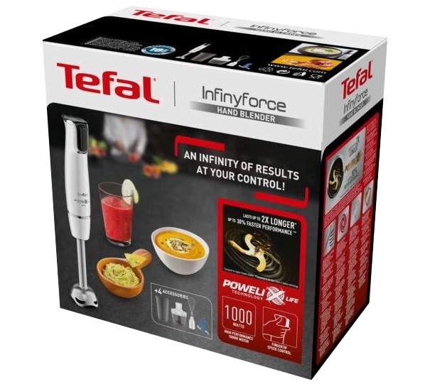 Egy Tefal Infinyforce kézi mixer doboz, amely a terméket, a tartozékokat és ételpéldákat mutatja.